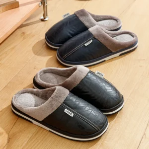Men's slippers Winter Big Size Indoor Waterproof PU Leather Large Sizes Home Cotton shoes Fur Flat Cotton Bedroom Houseshoes