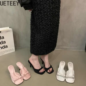 Designer Style Party Dress Women Slippers Shoes Fashion Butterfly-knot Summer Open Toe High Heel Ladies Slides Shoes